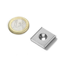 CSR-20-20-04-N, Flachleisten-Magnet 20 x 20 x 4 mm, mit Bohrung und Senkung, in U-förmigem Stahlprofil