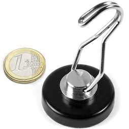 FTNT-40-B, Topfmagnet mit drehbarem Haken, Ø 40.2 mm, schwarz, mit gummierter Haftfläche
